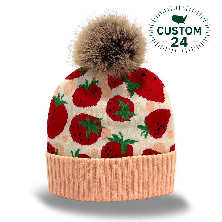 Strawberry Jacquard Pom Beanie | Matching Family Winter Hat with Faux Fur Pom | Adult & Kids Sizes
