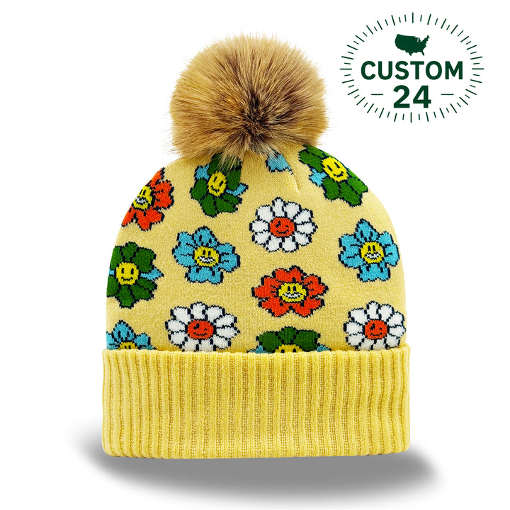 Smiley Flower Knit Beanie with Colorful Pattern Cozy Pom Pom Hat