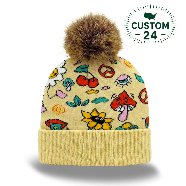 Yellow Knit Pom Beanie – Retro Floral Mushroom Pattern Warm Winter Hat