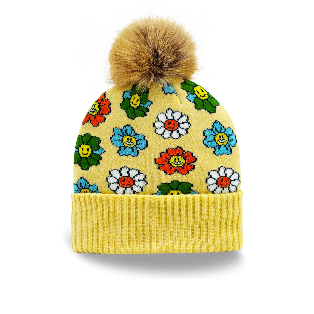 Smiley Flower Knit Beanie with Colorful Pattern Cozy Pom Pom Hat