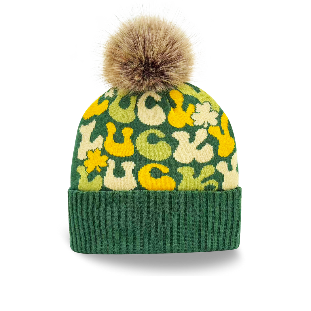 Lucky Letter Knit Beanie with Shamrock Pattern Cozy Pom Pom Hat