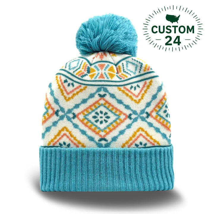 Kids Geometric Pattern Pom Knit Beanie Cozy Winter Gift