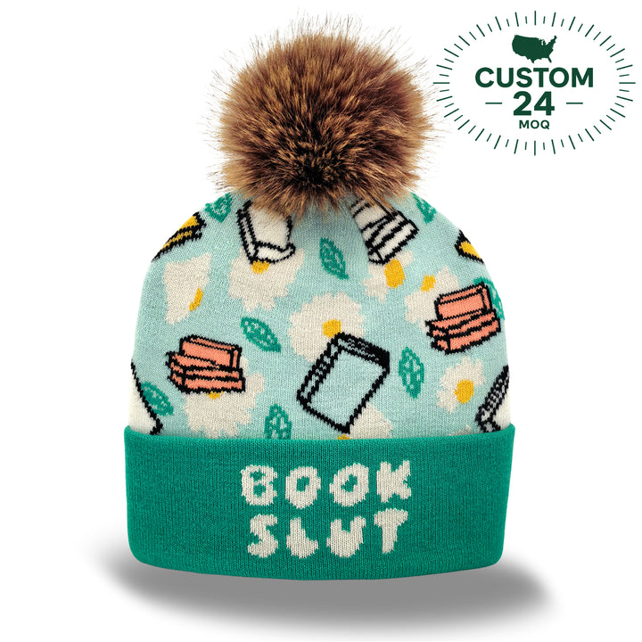 Book Lover Floral Pom Knit Beanie | Cozy Winter Gift Hat for Readers
