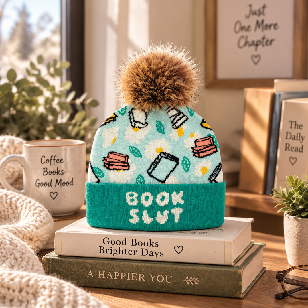 Book Lover Floral Pom Knit Beanie | Cozy Winter Gift Hat for Readers