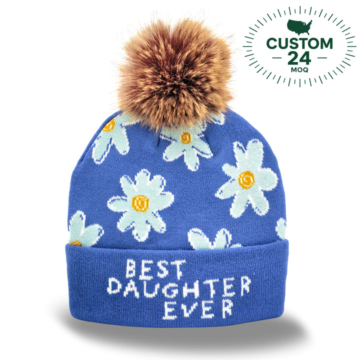 Best Daughter Ever Floral Pom Knit Beanie | Sentimental Winter Gift Hat