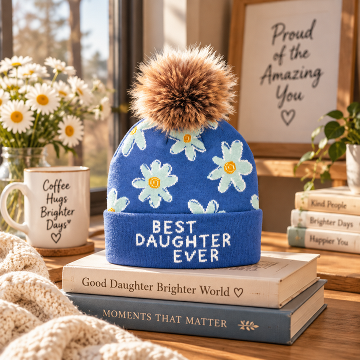 Best Daughter Ever Floral Pom Knit Beanie | Sentimental Winter Gift Hat
