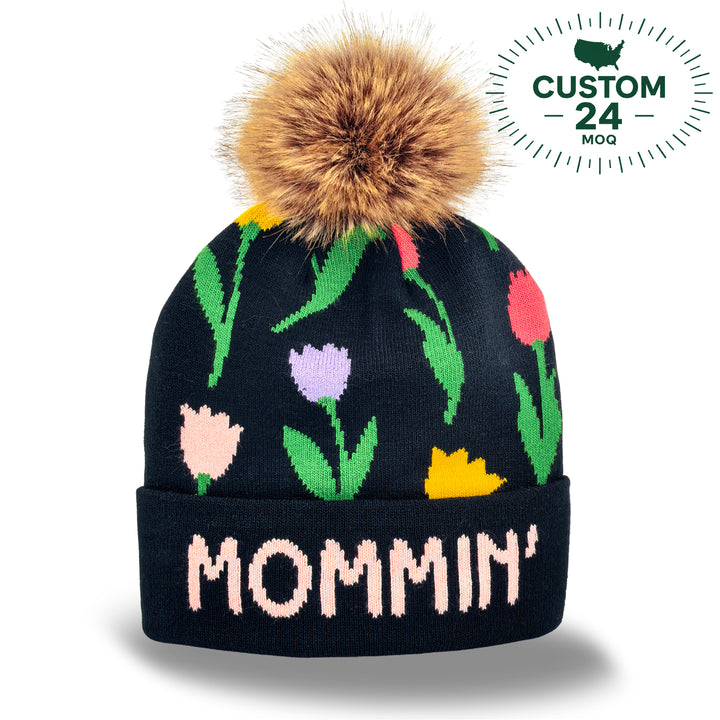 Mommin’ Floral Pom Knit Beanie | Cozy Mom Gift Winter Hat