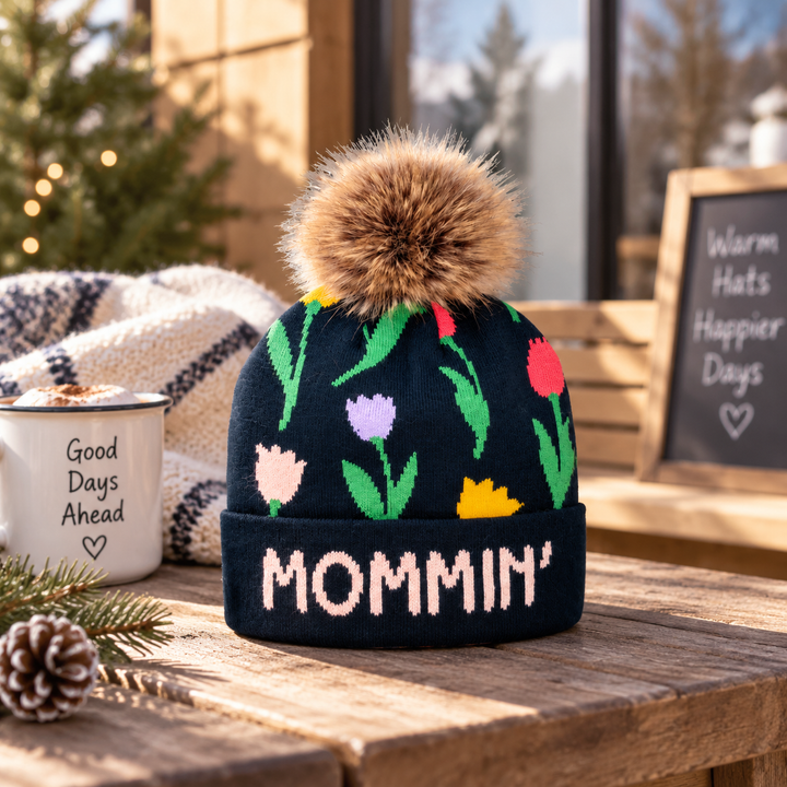 Mommin’ Floral Pom Knit Beanie | Cozy Mom Gift Winter Hat