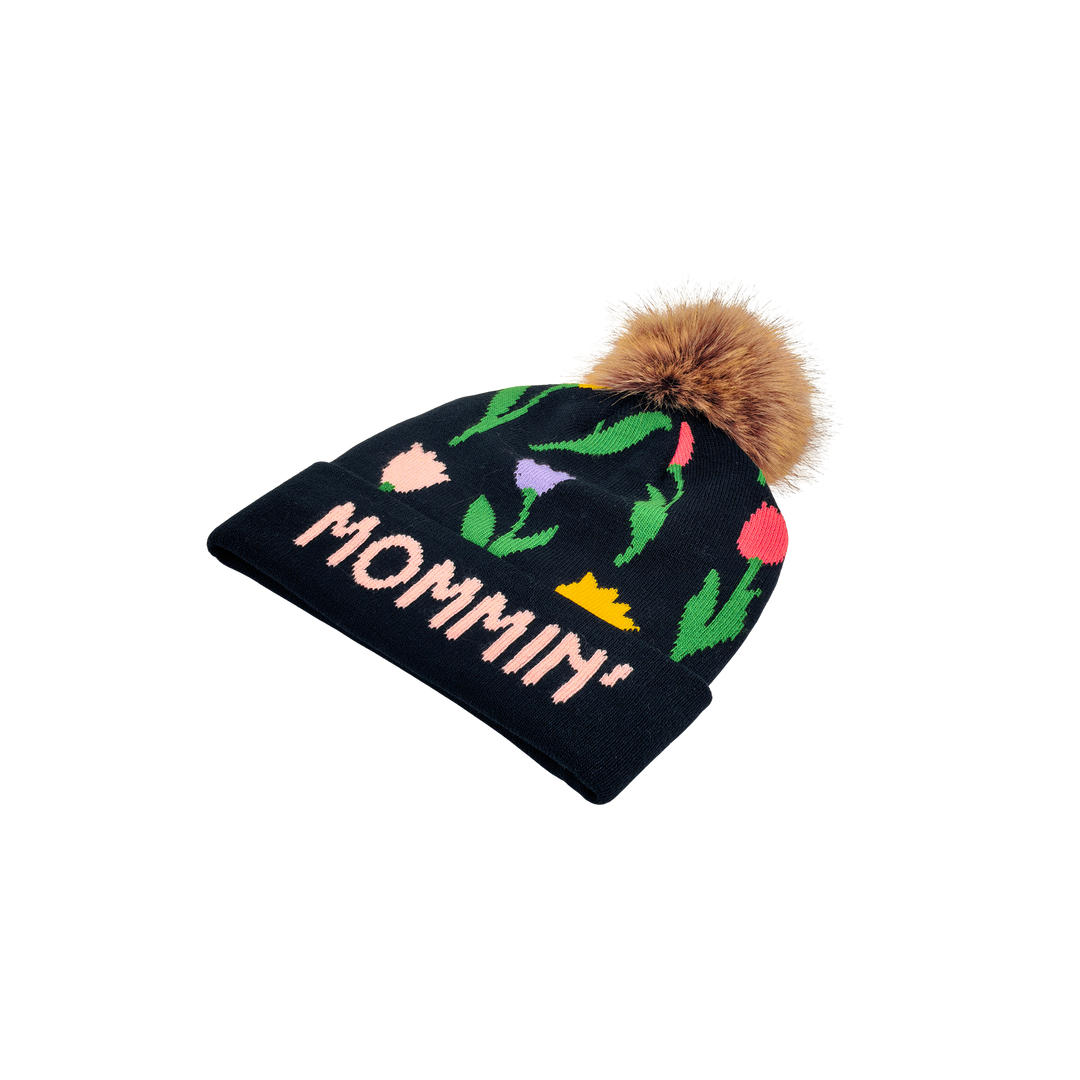 Mommin’ Floral Pom Knit Beanie | Cozy Mom Gift Winter Hat