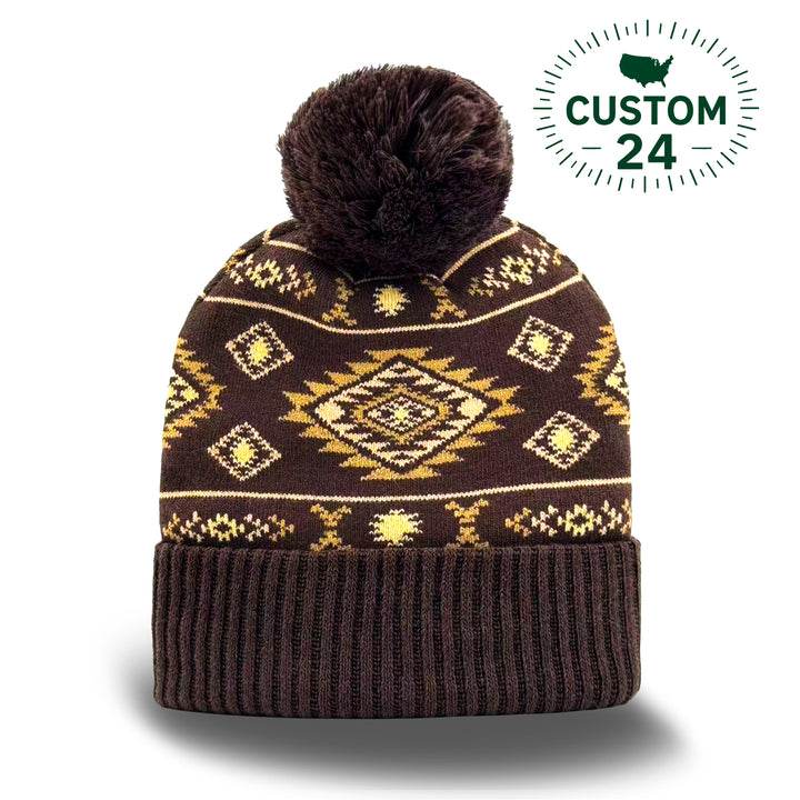 Geometric Pattern Pom Knit Beanie Brown Gold