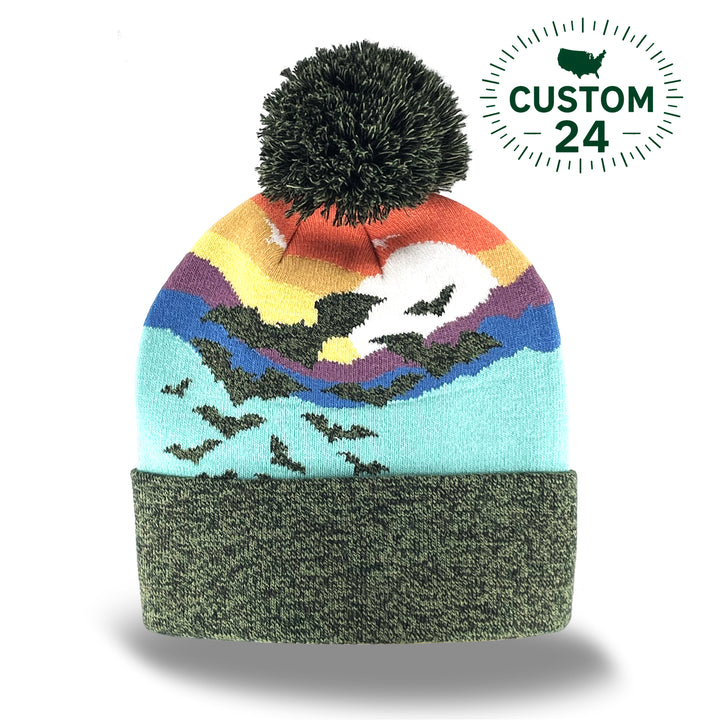 Kid Bat Beanie Hat with Pom Pom Mountain Sunset Knit Cap