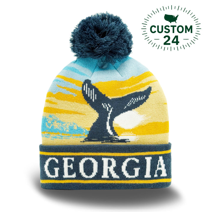 Georgia Whale Tail Sunset Knit Beanie with Coastal Scenery