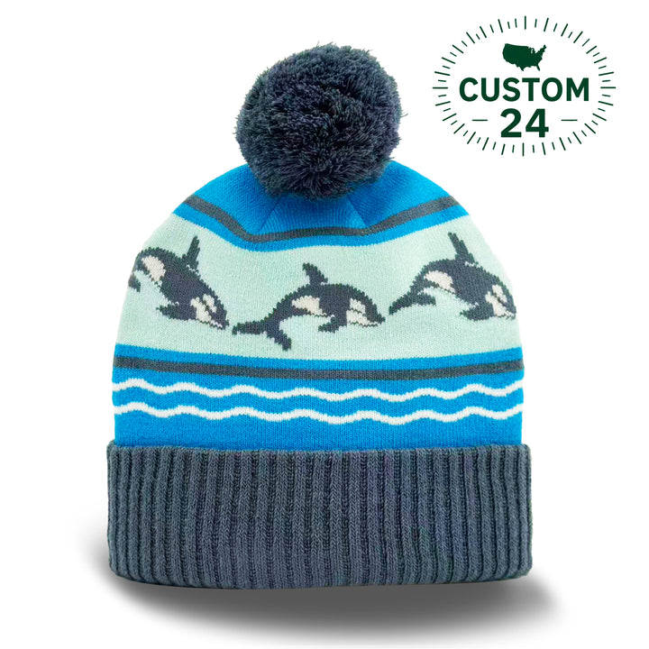 Orca Ocean Waves Knit Beanie with Jumping Whale Pattern