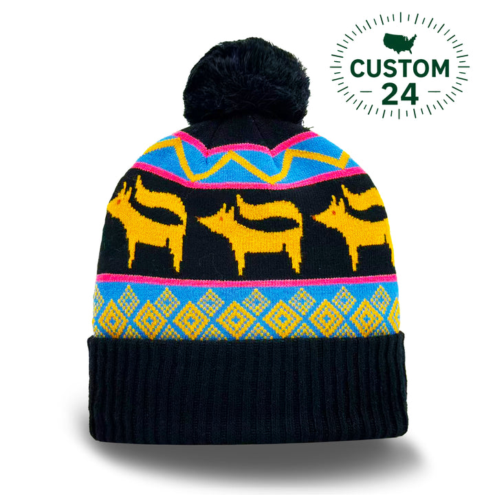 Folk Pattern Animal Knit Beanie with Colorful Geometric Design