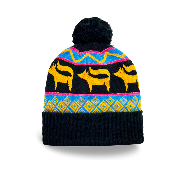 Folk Pattern Animal Knit Beanie with Colorful Geometric Design