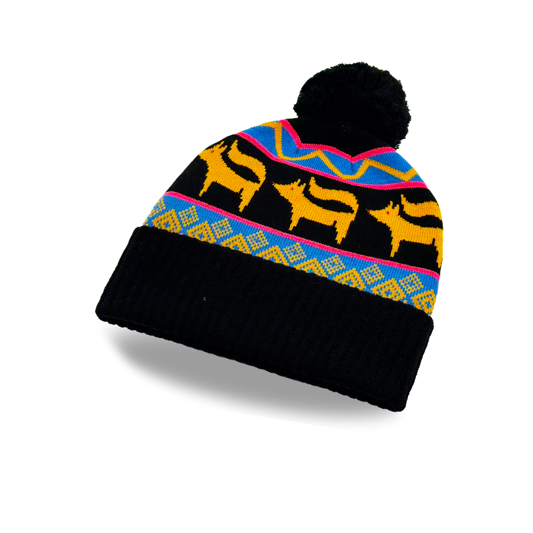 Folk Pattern Animal Knit Beanie with Colorful Geometric Design