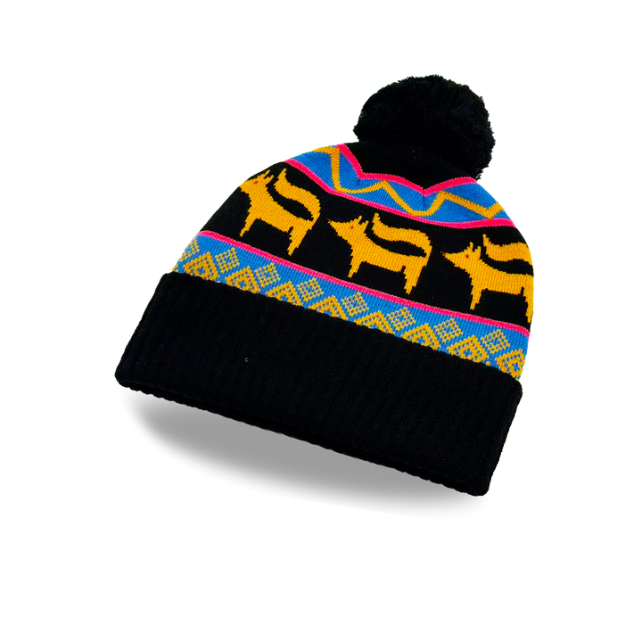 Folk Pattern Animal Knit Beanie with Colorful Geometric Design