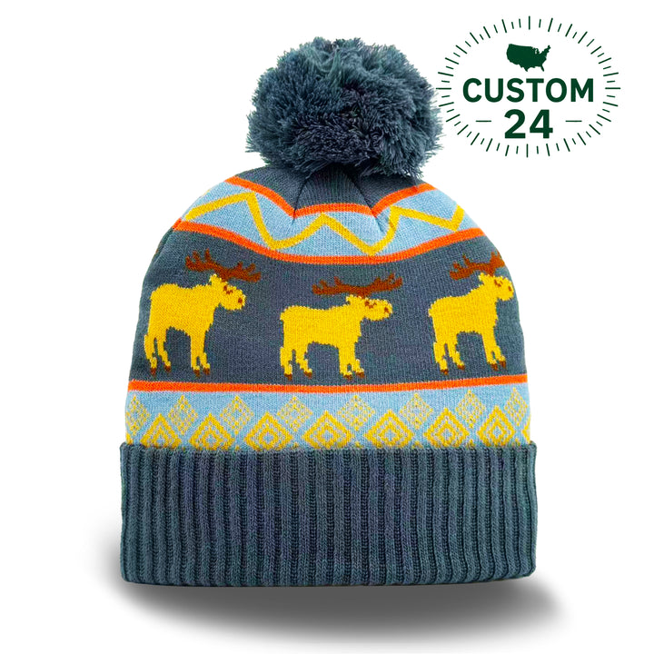 Moose Folk Pattern Knit Beanie with Colorful Nordic Design