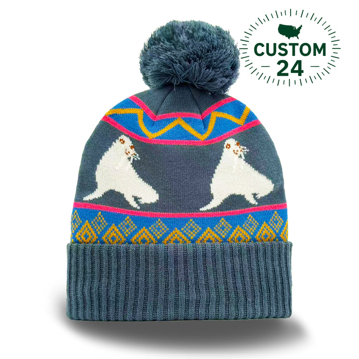 Walrus Winter Knit Beanie with Nordic Pattern Cozy Pom Pom Hat