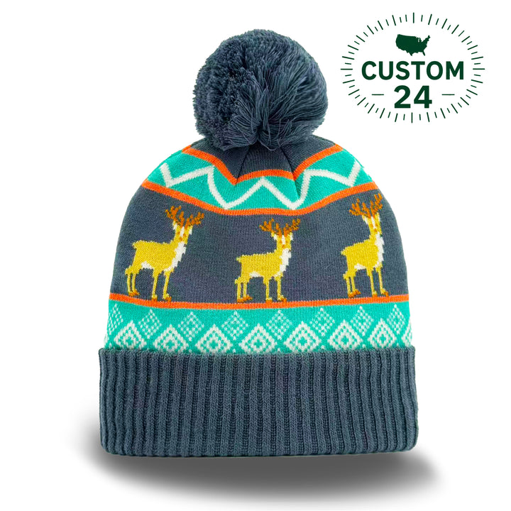 Deer Winter Knit Beanie with Nordic Pattern Cozy Pom Pom Hat