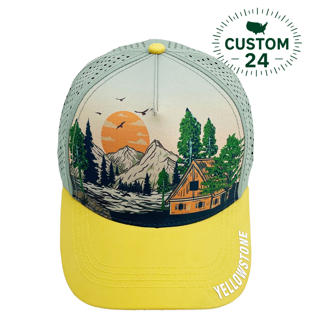 Yellowstone Mountain Cabin Baseball Cap – Custom Outdoor Adventure Travel Hat