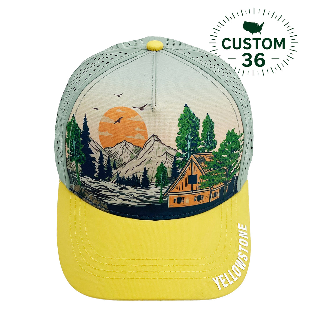 Yellowstone Mountain Cabin Baseball Cap – Custom Outdoor Adventure Travel Hat