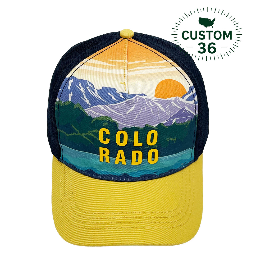 Colorado Scenic Mountain Sunset Outdoor Adventure Graphic Trucker Baseball Cap