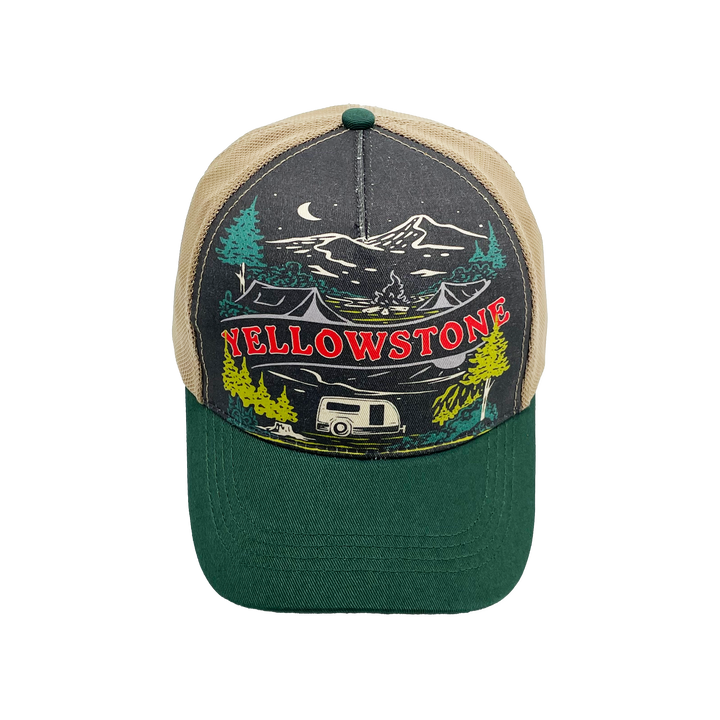 Yellowstone Camping Scenic Mountain Night Outdoor Adventure Graphic Trucker Baseball Cap