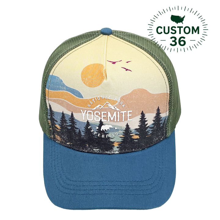 Yosemite Sunset Scenic Mountain Forest Expedition Graphic Trucker Baseball Cap