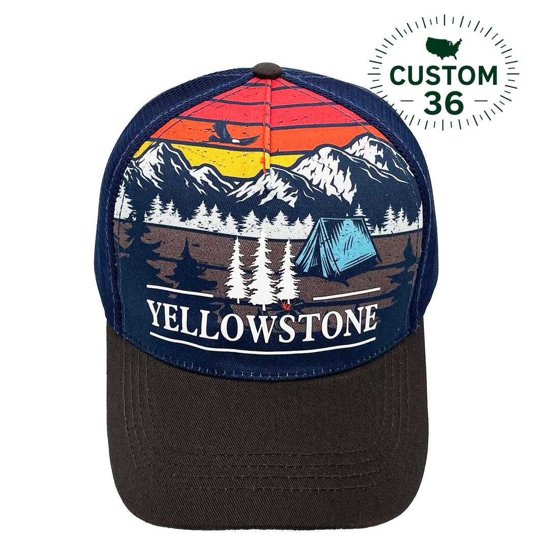 Yellowstone Sunset Camping Scenic Mountain Outdoor Adventure Graphic Trucker Baseball Cap