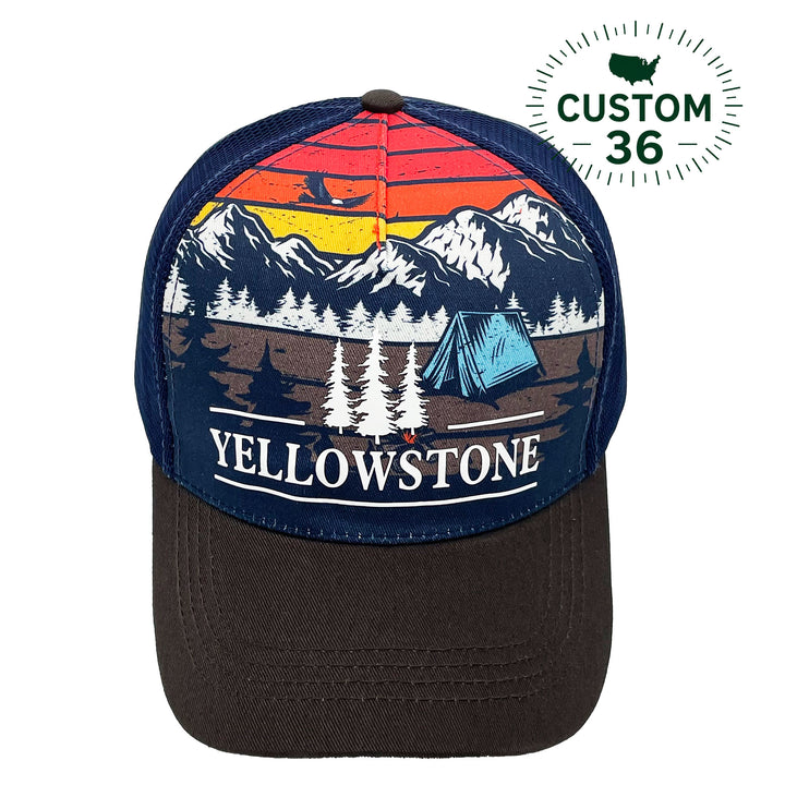 Yellowstone Sunset Camping Scenic Mountain Outdoor Adventure Graphic Trucker Baseball Cap