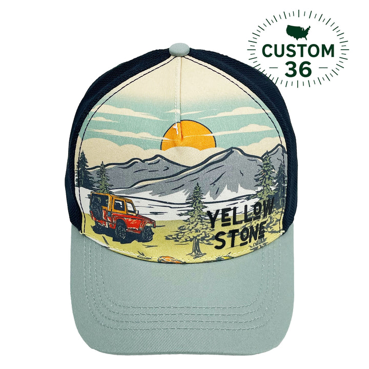 Yellowstone Off-Road Sunset Scenic Mountain Outdoor Adventure Graphic Trucker Baseball Cap