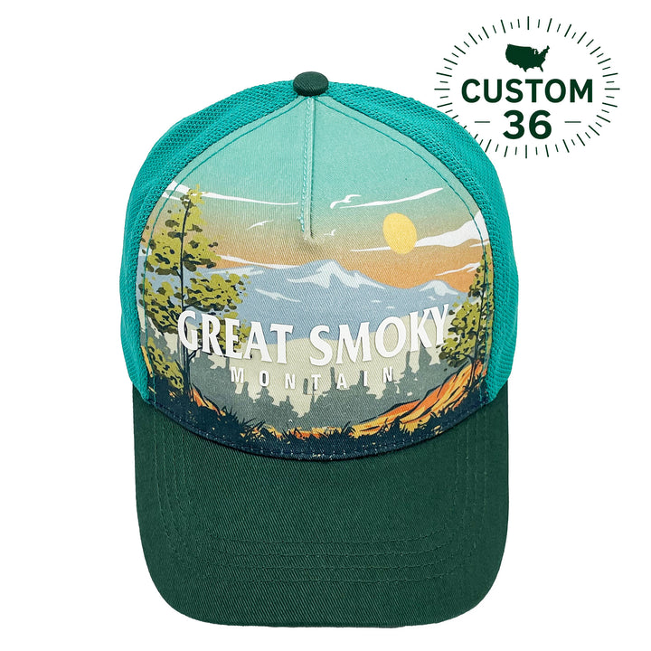 Great Smoky Mountains Scenic Sunset Outdoor Adventure Graphic Trucker Baseball Cap