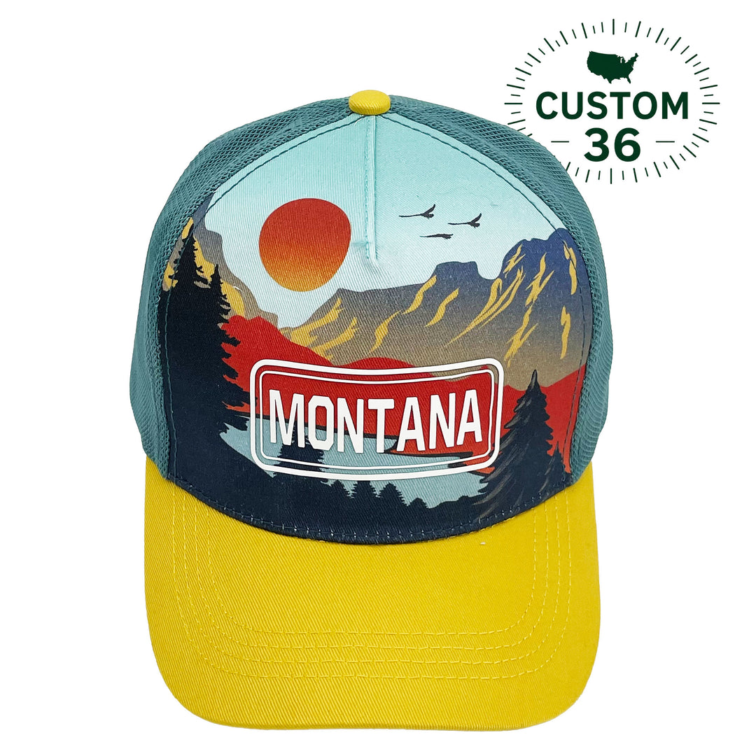 Montana Sunset Scenic Mountain Outdoor Adventure Graphic Trucker Baseball Cap