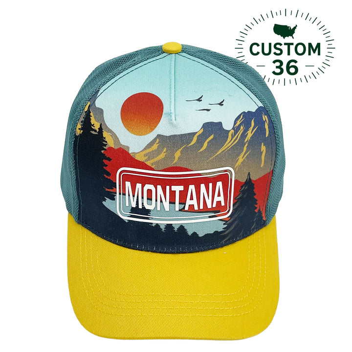 Montana Sunset Scenic Mountain Outdoor Adventure Graphic Trucker Baseball Cap