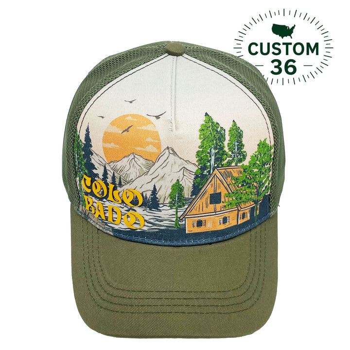 Colorado Cabin Sunset Scenic Mountain Outdoor Adventure Graphic Trucker Baseball Cap