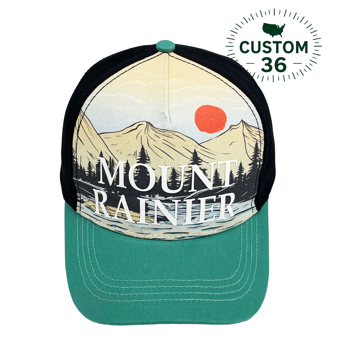 Mount Rainier Scenic Baseball Cap with Mountain Sunset Forest Trucker Hat