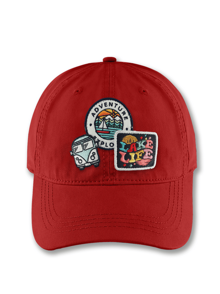 Lake Life Adventure Red Baseball Cap for Travelers and Outdoor Enthusiasts