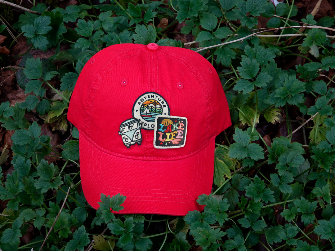 Lake Life Adventure Red Baseball Cap for Travelers and Outdoor Enthusiasts