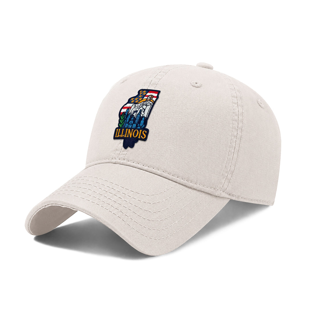 Illinois Washed Baseball Cap | Vintage Cotton Twill Adjustable Hat | Embroidered Illinois Landmark Travel Souvenir Cap