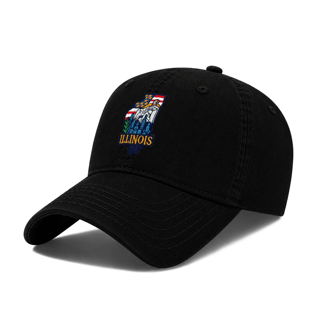 Illinois Washed Baseball Cap | Vintage Cotton Twill Adjustable Hat | Embroidered Illinois Landmark Travel Souvenir Cap