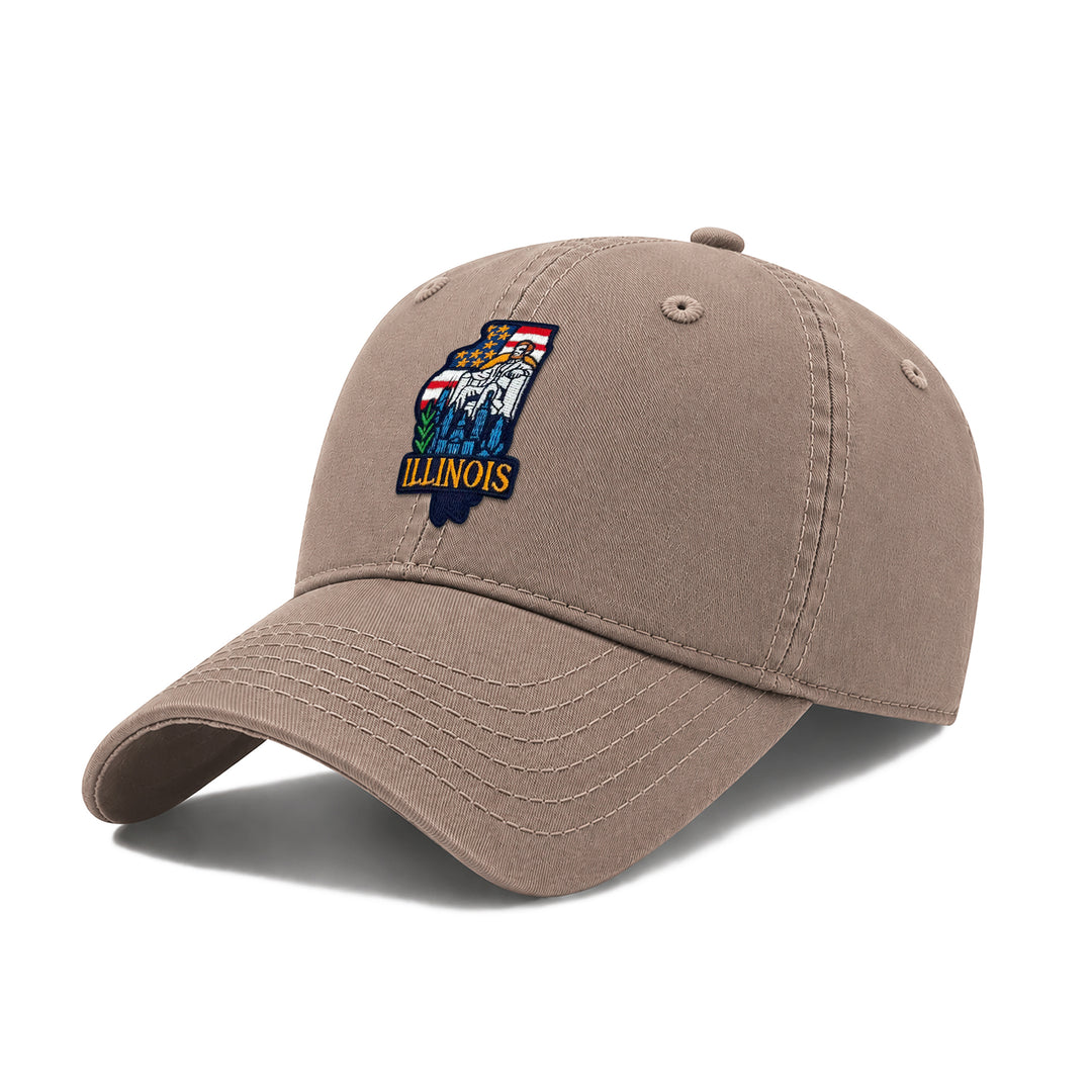 Illinois Washed Baseball Cap | Vintage Cotton Twill Adjustable Hat | Embroidered Illinois Landmark Travel Souvenir Cap