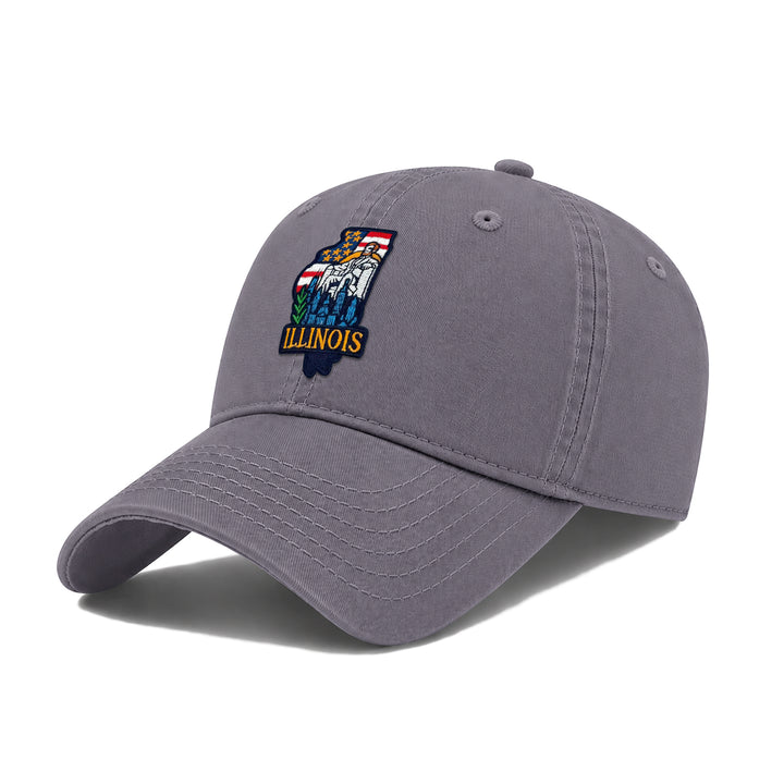 Illinois Washed Baseball Cap | Vintage Cotton Twill Adjustable Hat | Embroidered Illinois Landmark Travel Souvenir Cap
