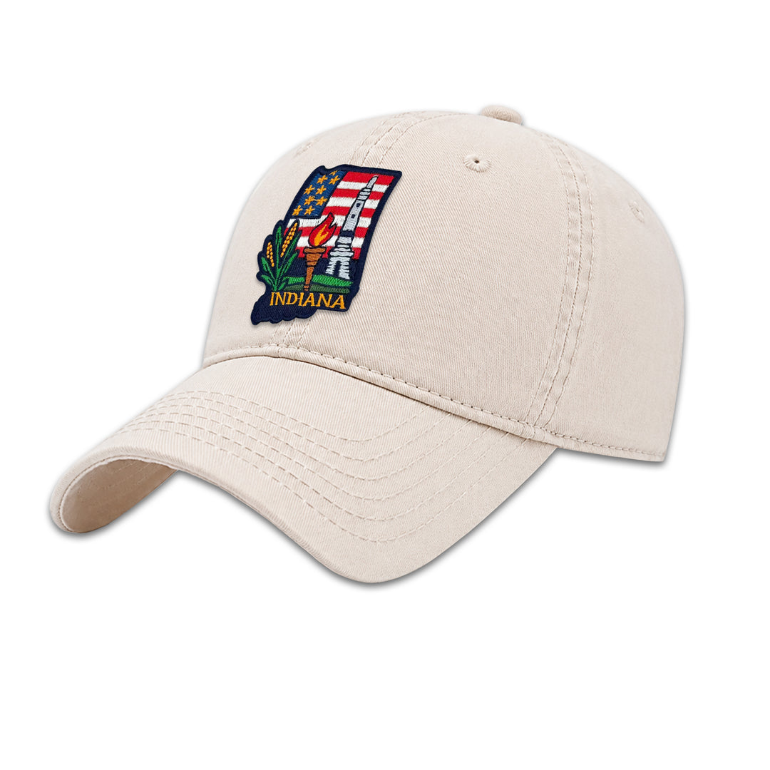Indiana Monument Embroidered Patch Baseball Cap – Indiana State Souvenir Hat with Torch & Landmark Design