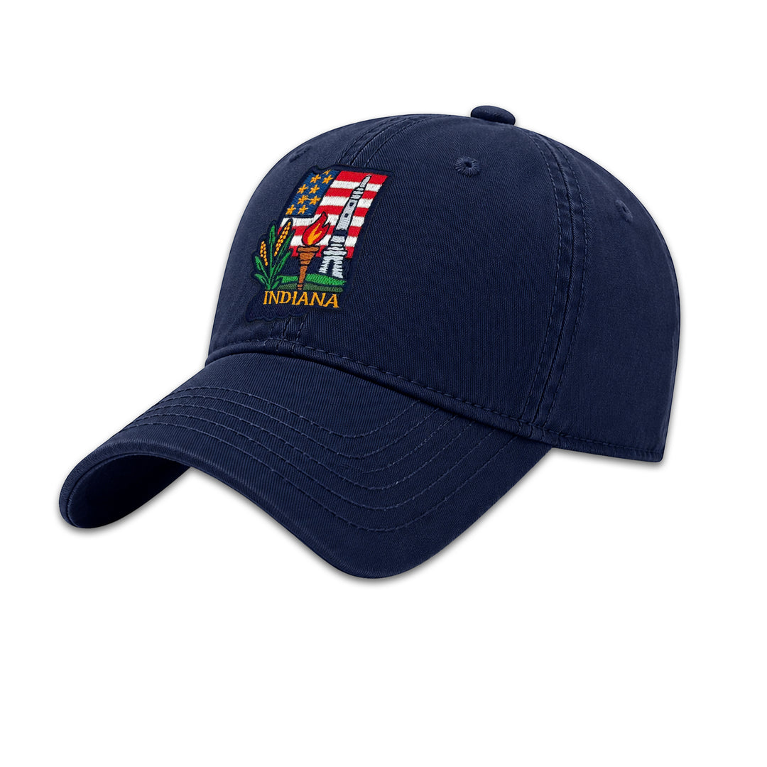 Indiana Monument Embroidered Patch Baseball Cap – Indiana State Souvenir Hat with Torch & Landmark Design