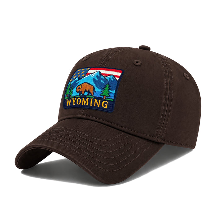 Wyoming Washed Baseball Cap | Vintage Cotton Twill Adjustable Hat | Embroidered Wyoming Travel Souvenir Cap