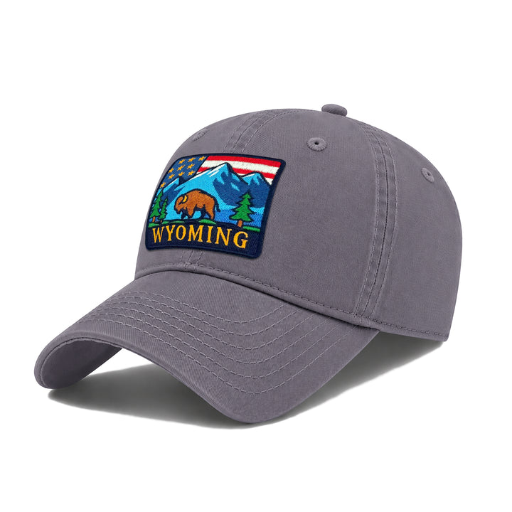 Wyoming Washed Baseball Cap | Vintage Cotton Twill Adjustable Hat | Embroidered Wyoming Travel Souvenir Cap