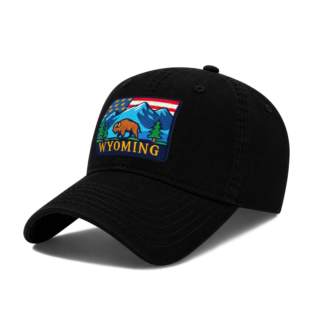 Wyoming Washed Baseball Cap | Vintage Cotton Twill Adjustable Hat | Embroidered Wyoming Travel Souvenir Cap