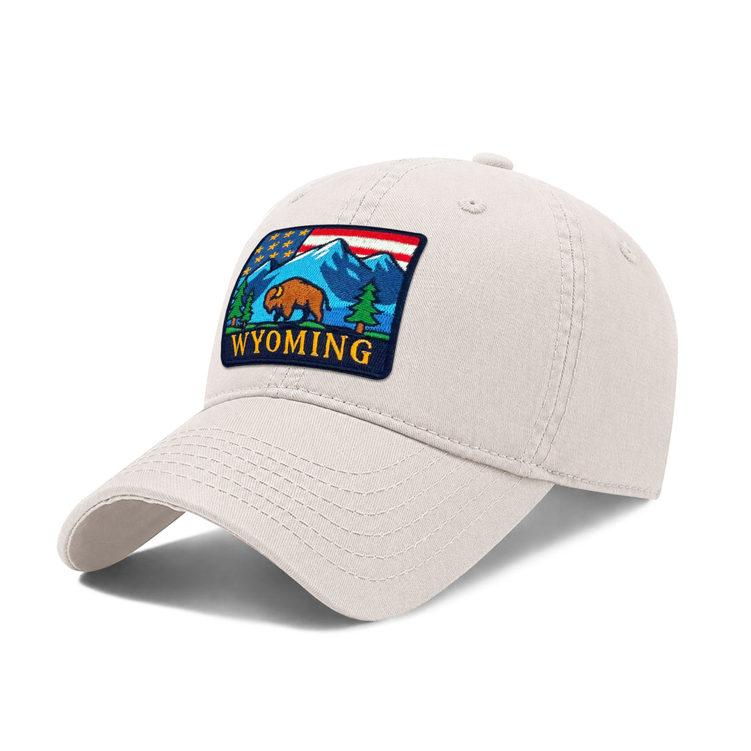 Wyoming Washed Baseball Cap | Vintage Cotton Twill Adjustable Hat | Embroidered Wyoming Travel Souvenir Cap