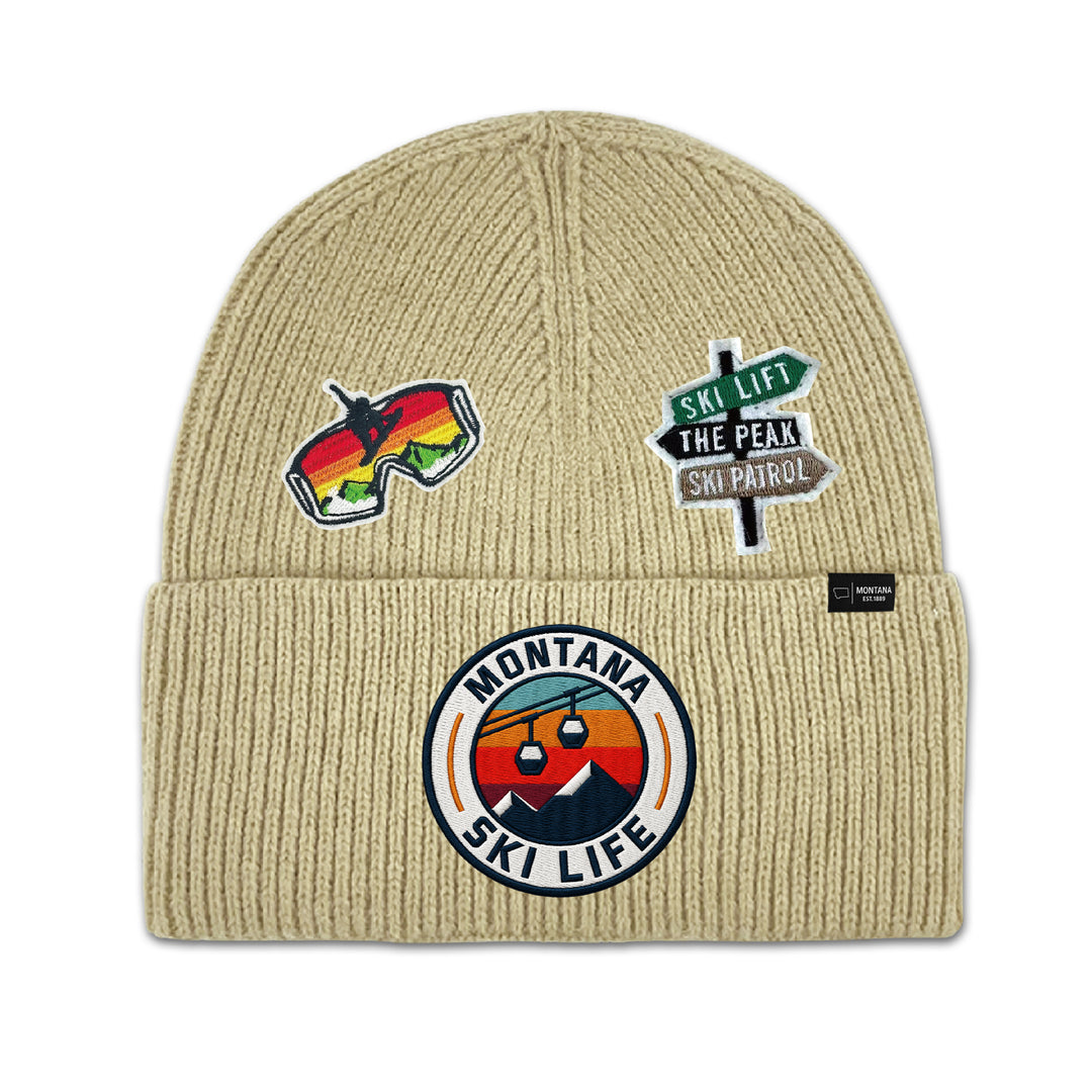 Big Sky, Montana Ski Life Knit Beanie with Appliqué Patches